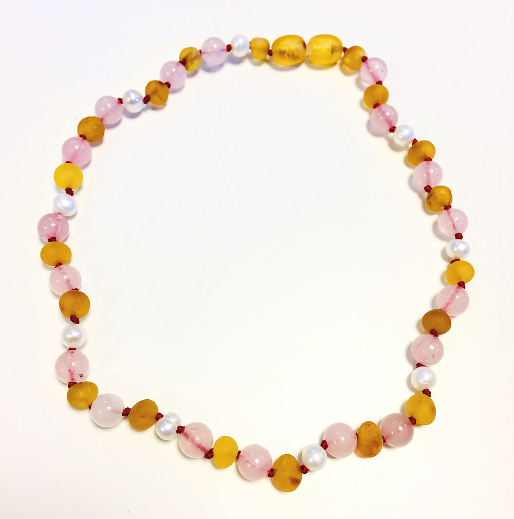 Sea Pearl, Unpolished Honey Amber and Rose Quartz Necklace